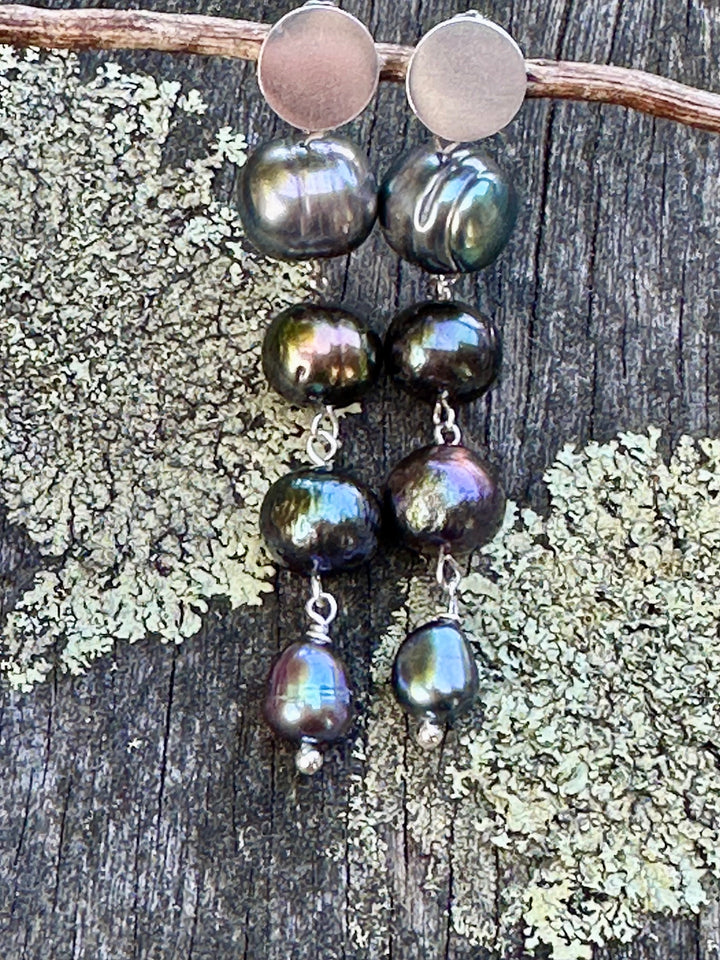Inverted 4 tier peacock freshwater pearl earrings