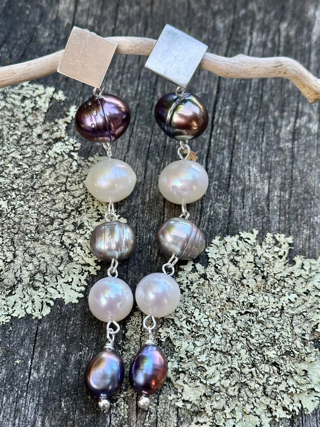 Inverted white & peacock freshwater pearl earrings