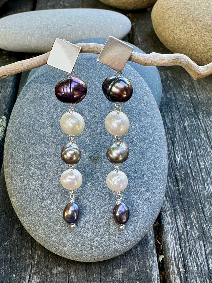 Inverted white & peacock freshwater pearl earrings