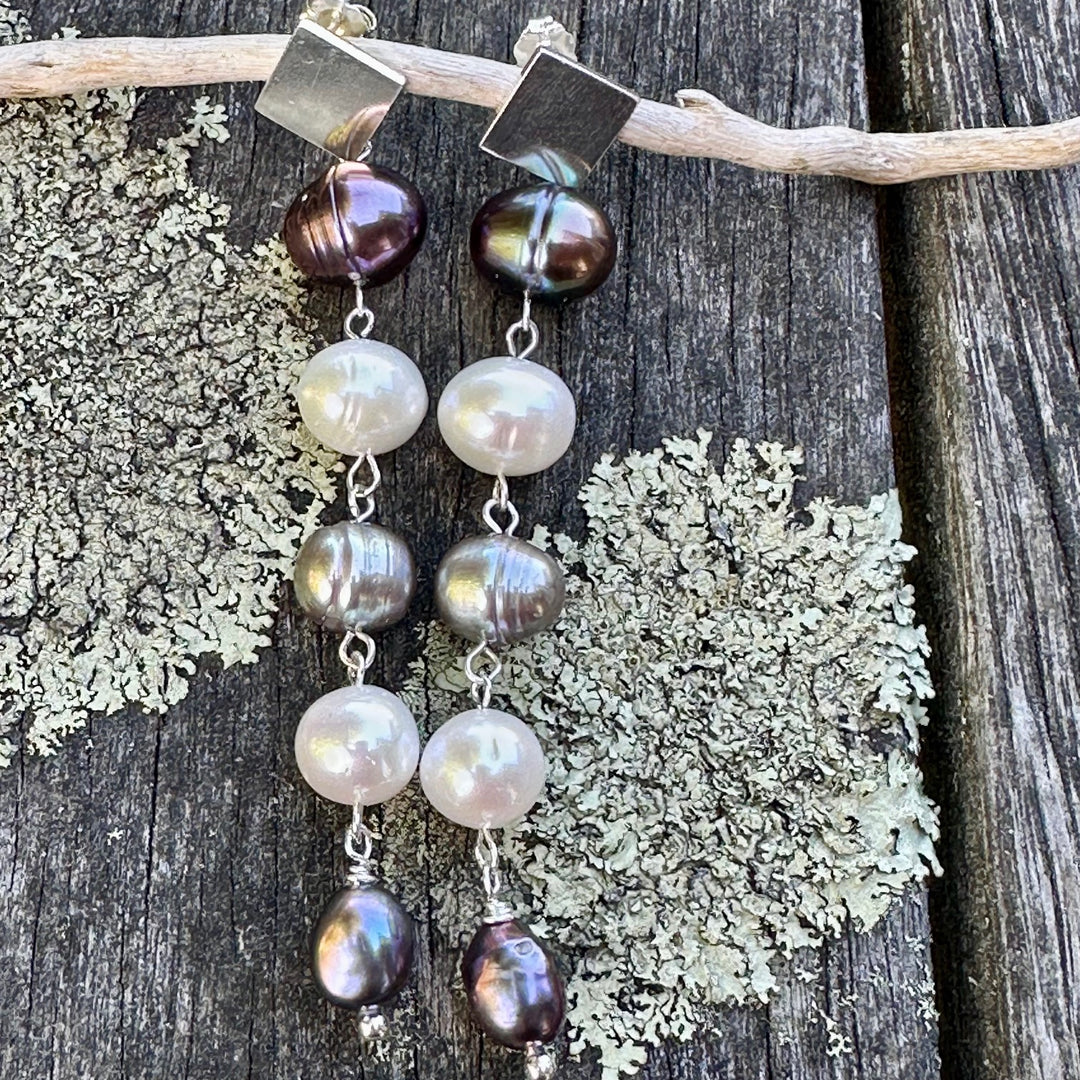 Inverted white & peacock freshwater pearl earrings