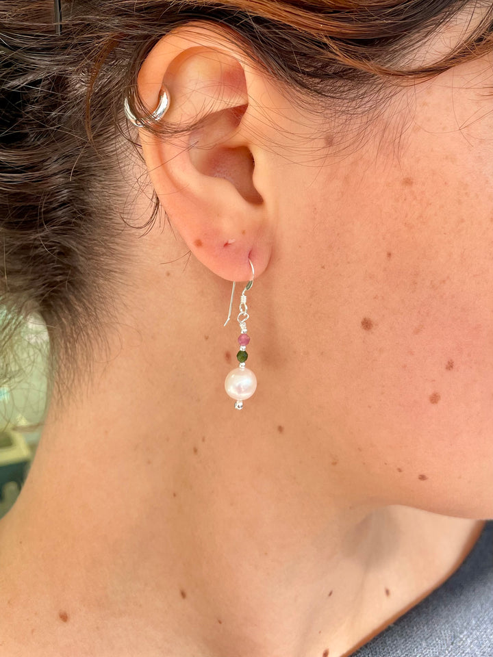 white freshwater pearl & tourmaline earrings