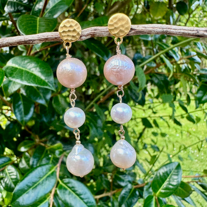 3 tier pink freshwater pearl earrings