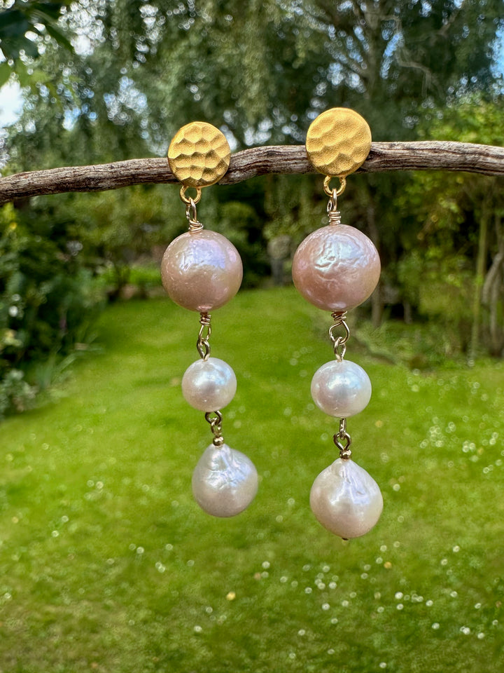 3 tier pink freshwater pearl earrings