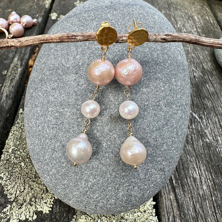 3 tier pink freshwater pearl earrings