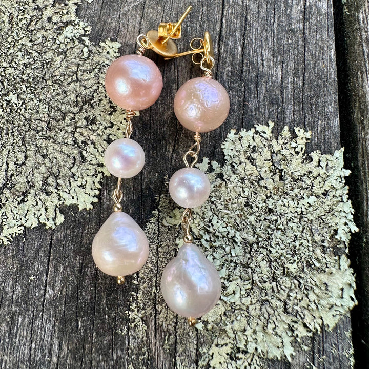 3 tier pink freshwater pearl earrings