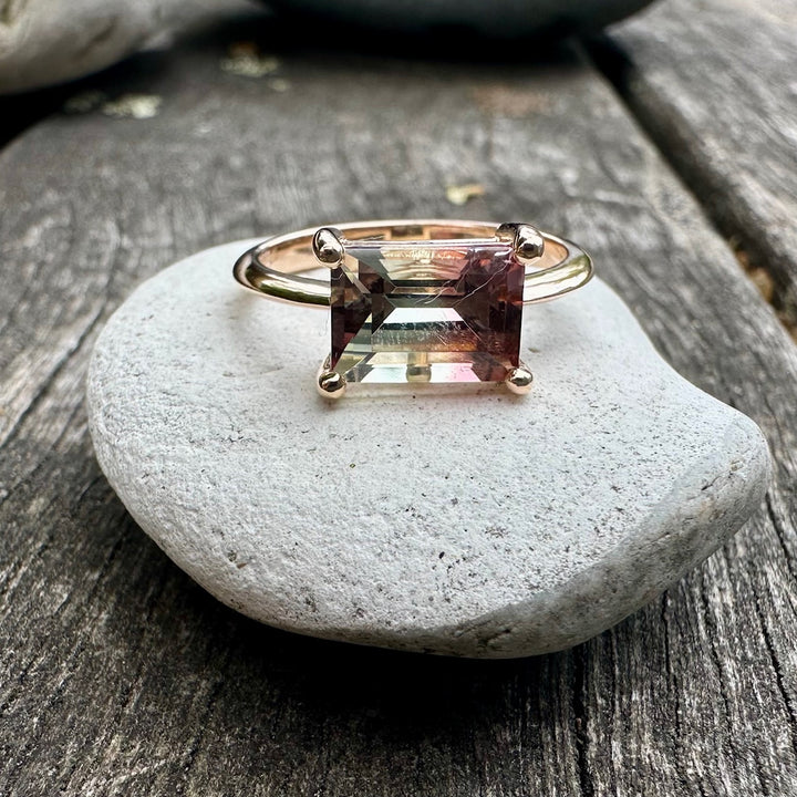 Watermelon tourmaline baguette ring