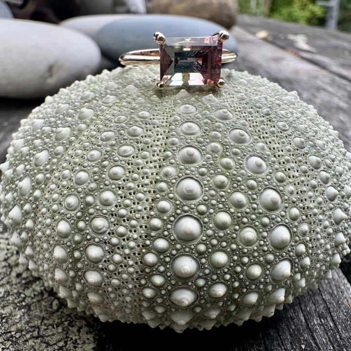 Watermelon tourmaline baguette ring
