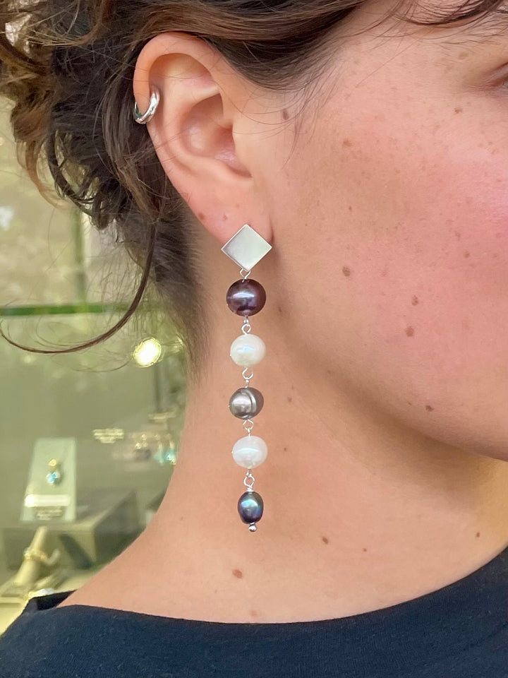 Inverted white & peacock freshwater pearl earrings