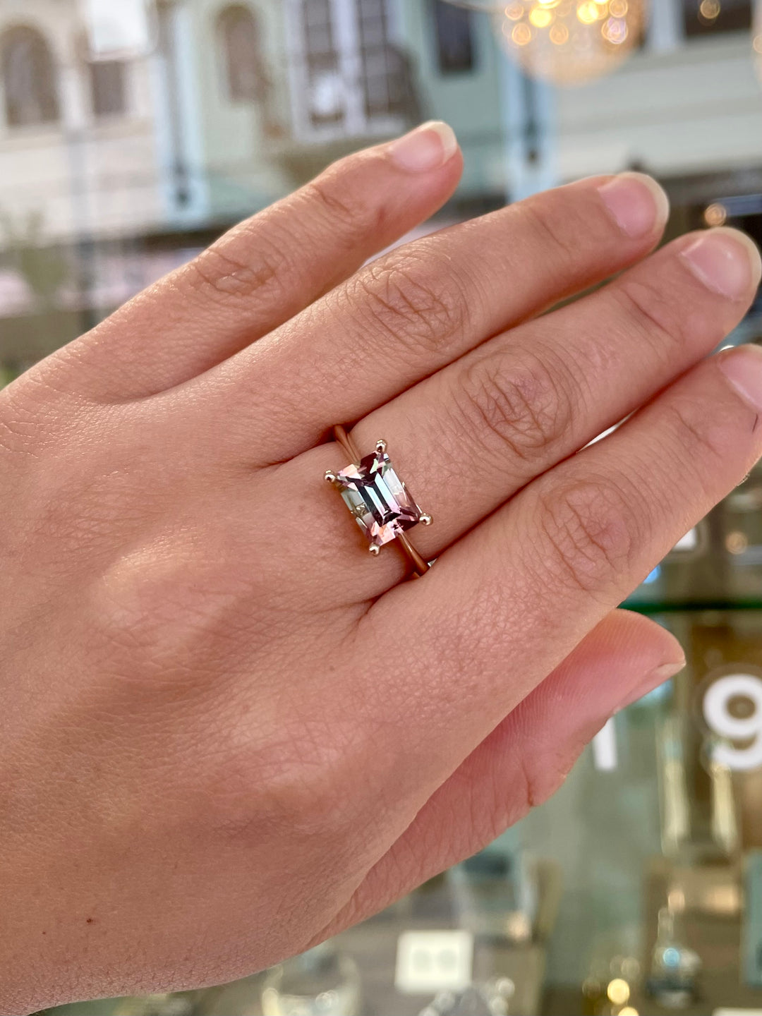 Watermelon tourmaline baguette ring