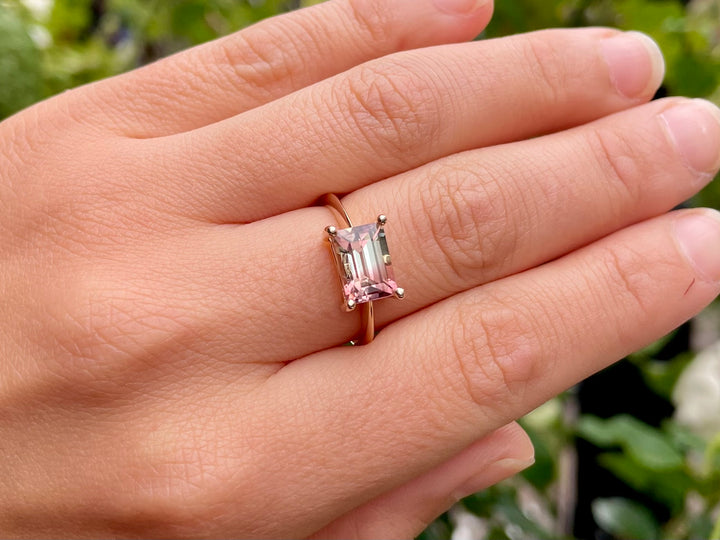 Watermelon tourmaline baguette ring