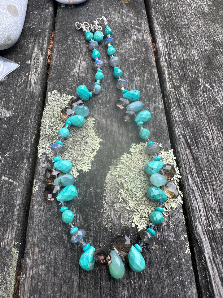 Turquoise labradorite & smoky quartz necklace