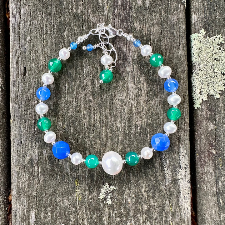 Pearl and green and blue onyx bracelet