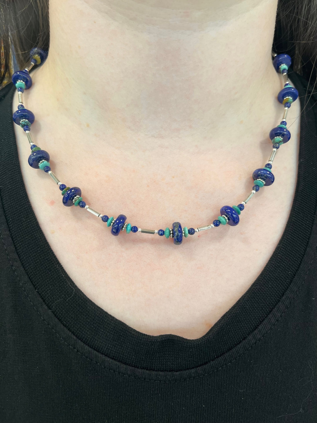 Lapis lazuli, turquoise and sterling silver necklace