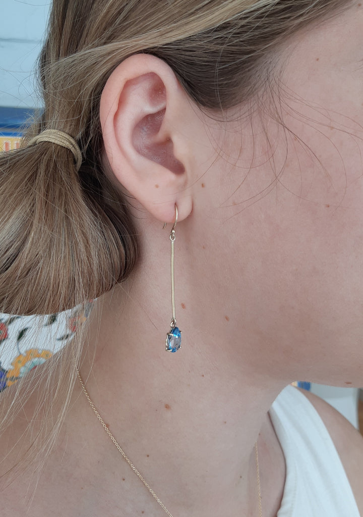 9ct Gold Long blue topaz drop earrings