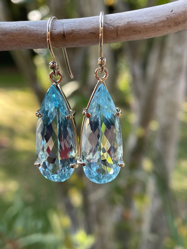 9ct Gold and Faceted Tear Drop Aquamarine Earrings