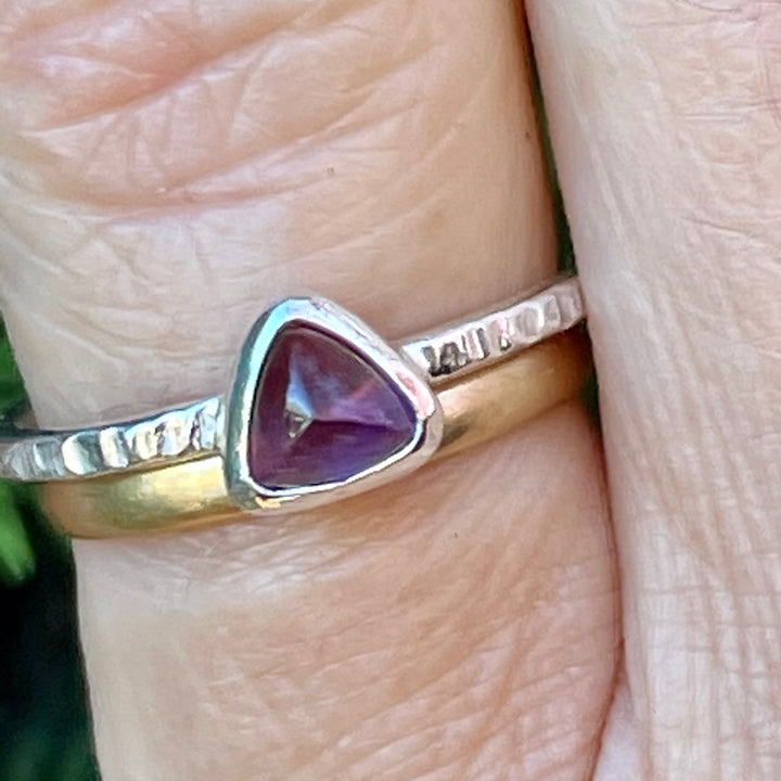Triangle Amethyst Stacker Ring with Beaten Band