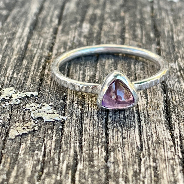 Triangle Amethyst Stacker Ring with Beaten Band