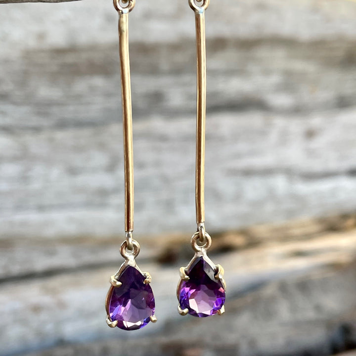 9ct Gold Amethyst Earrings with Brushed Finish