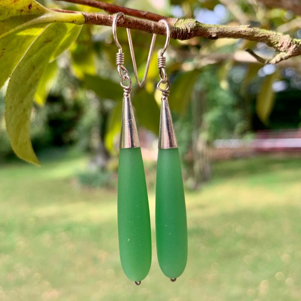 Green Sea Glass Drop Earrings, Rowena Watson Designs