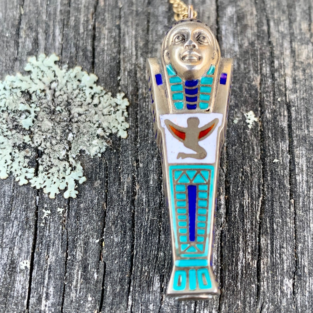 Vintage Egyptian Revival Sarcophagus Pendant and Gold Fill Chain