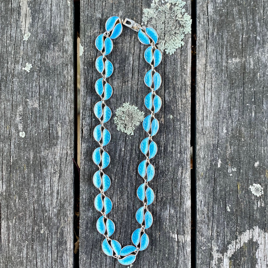 Vintage Enamel Leaf Necklace, Turquoise Blue, David Andersen