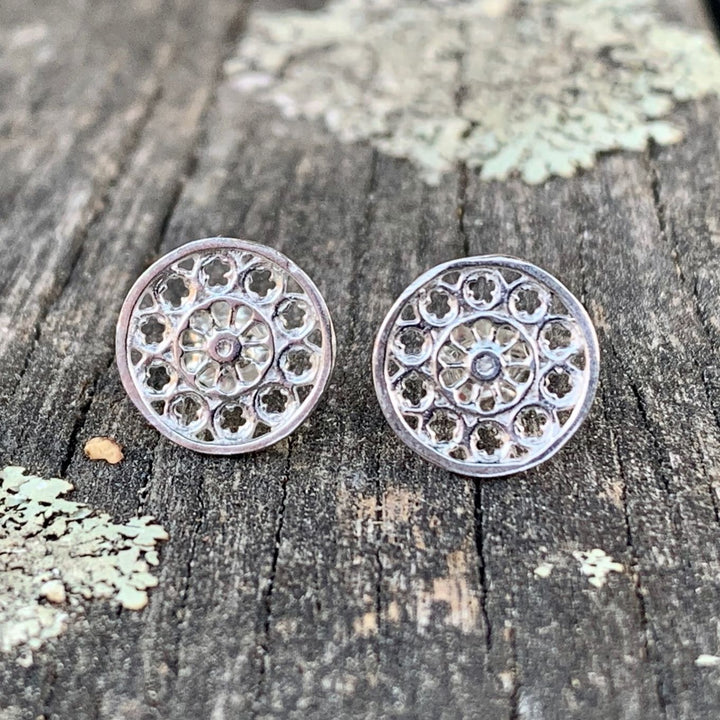 Tiny Rose Window Stud Earrings, Sterling Silver