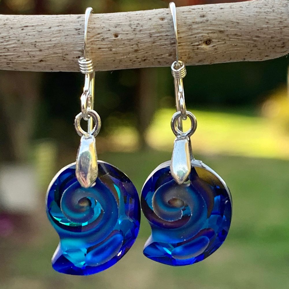 Blue Faceted Crystal Snail Shell Earrings