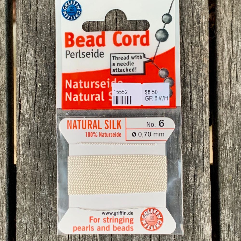 Natural Silk Bead Cord, White, No. 6