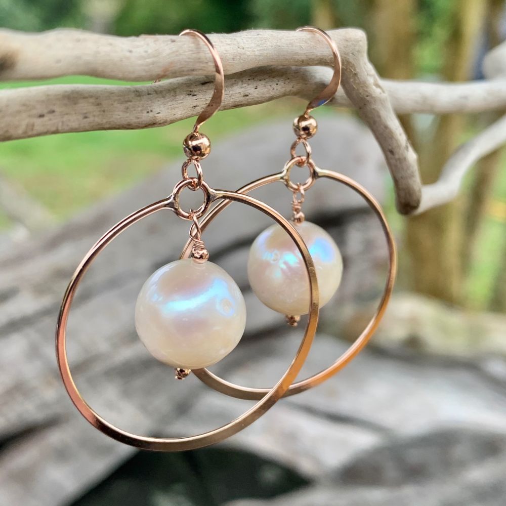 Freshwater Pearl and Rose Gold Fill Hoops Earrings