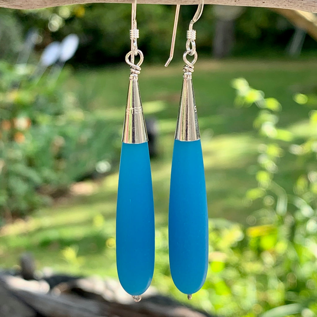 Opaque Blue Sea Glass Drop Earrings
