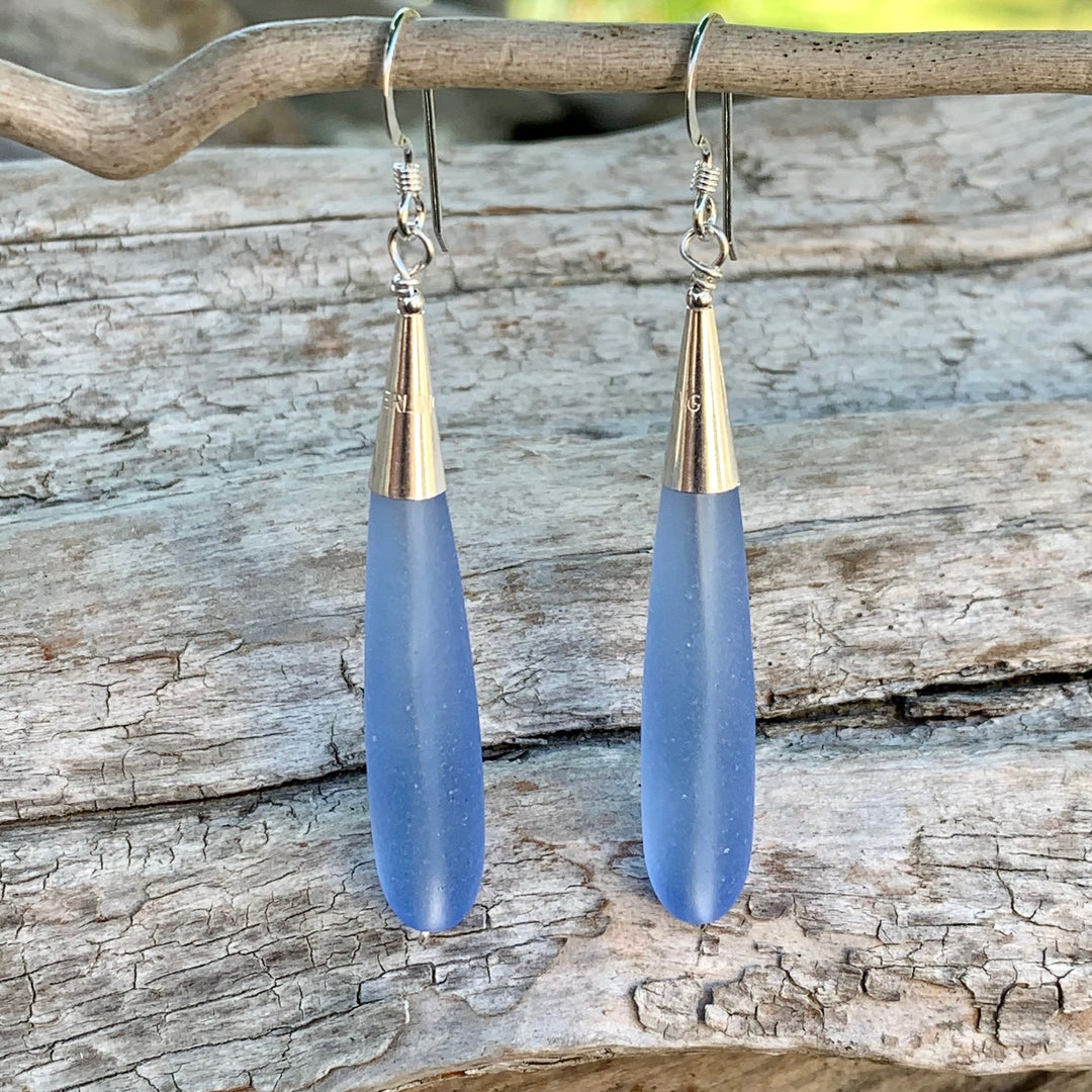 Pale Sapphire Sea Glass Drop Earrings