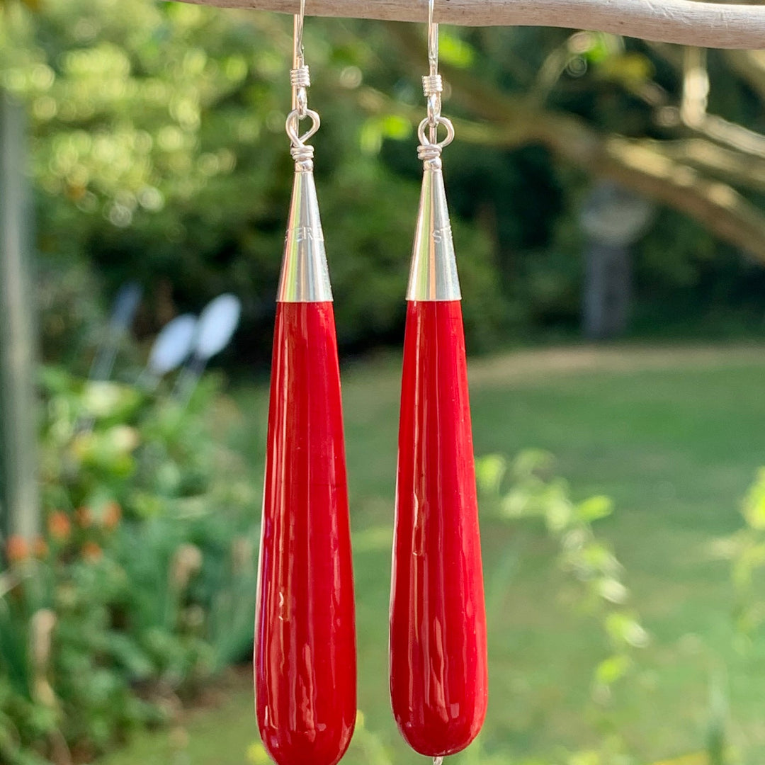 Long Dark Red Opaque Venetian Glass Drop Earrings