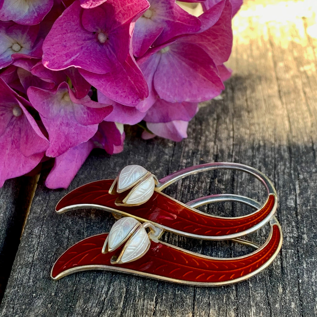 Vintage Enamel Lily of the Valley Brooch, Red, Aksel Holmsen