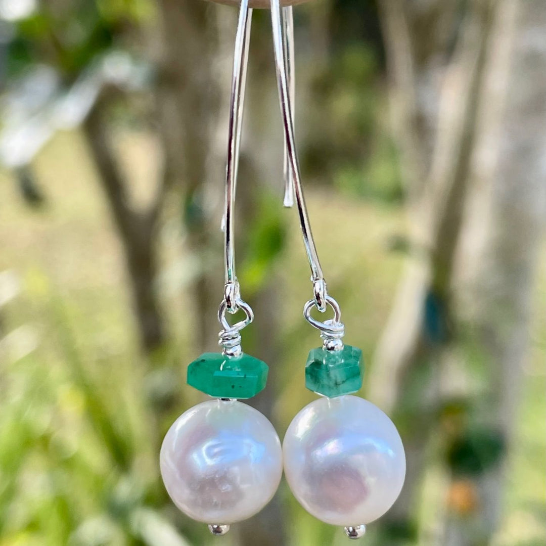 Freshwater Pearl and Emerald Earrings
