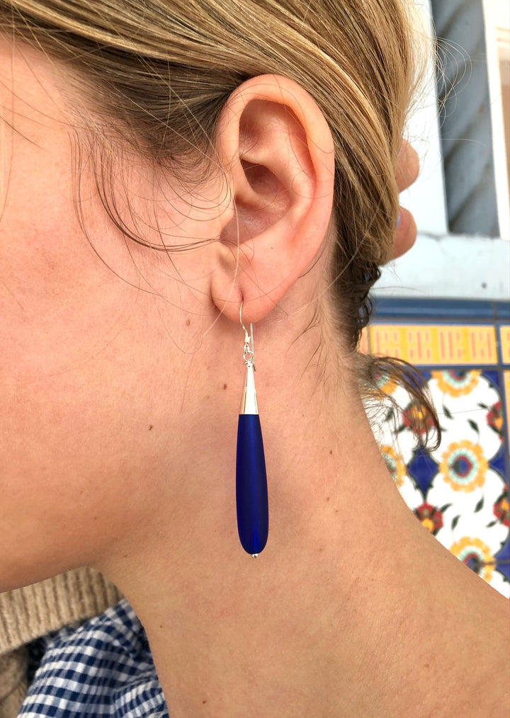 Dark Blue Sea Glass Drop Earrings