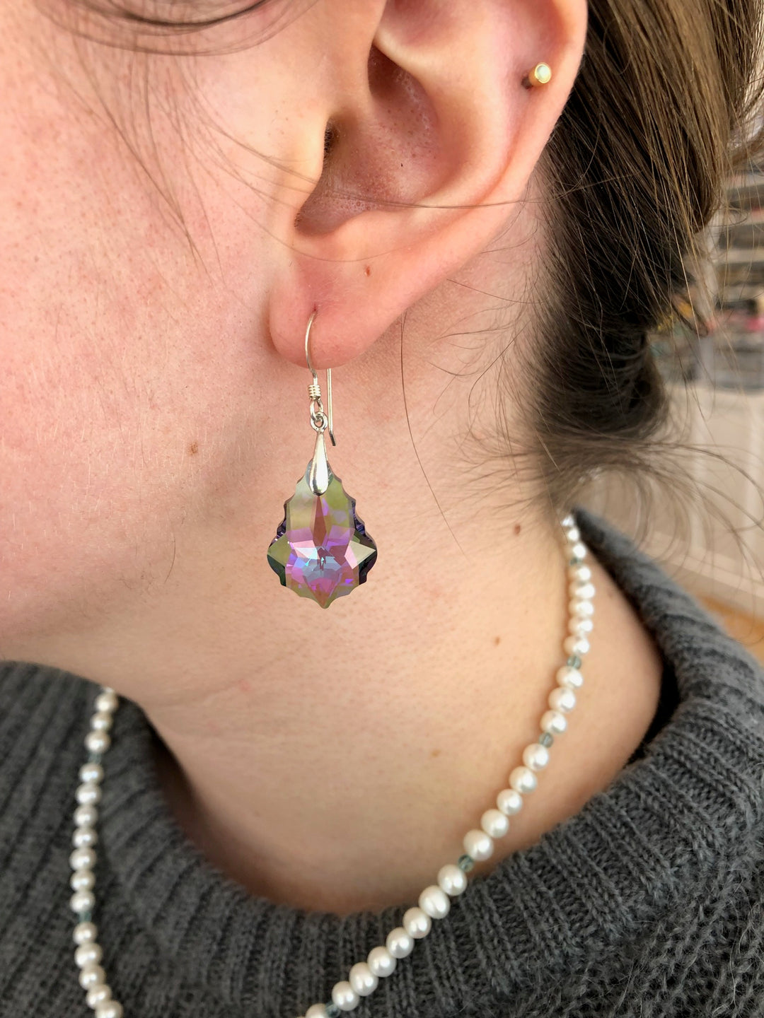 Faceted Crystal Drop Earrings, Translucent Purple & Green