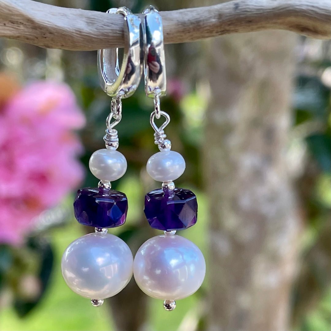 Pearl and amethyst earrings