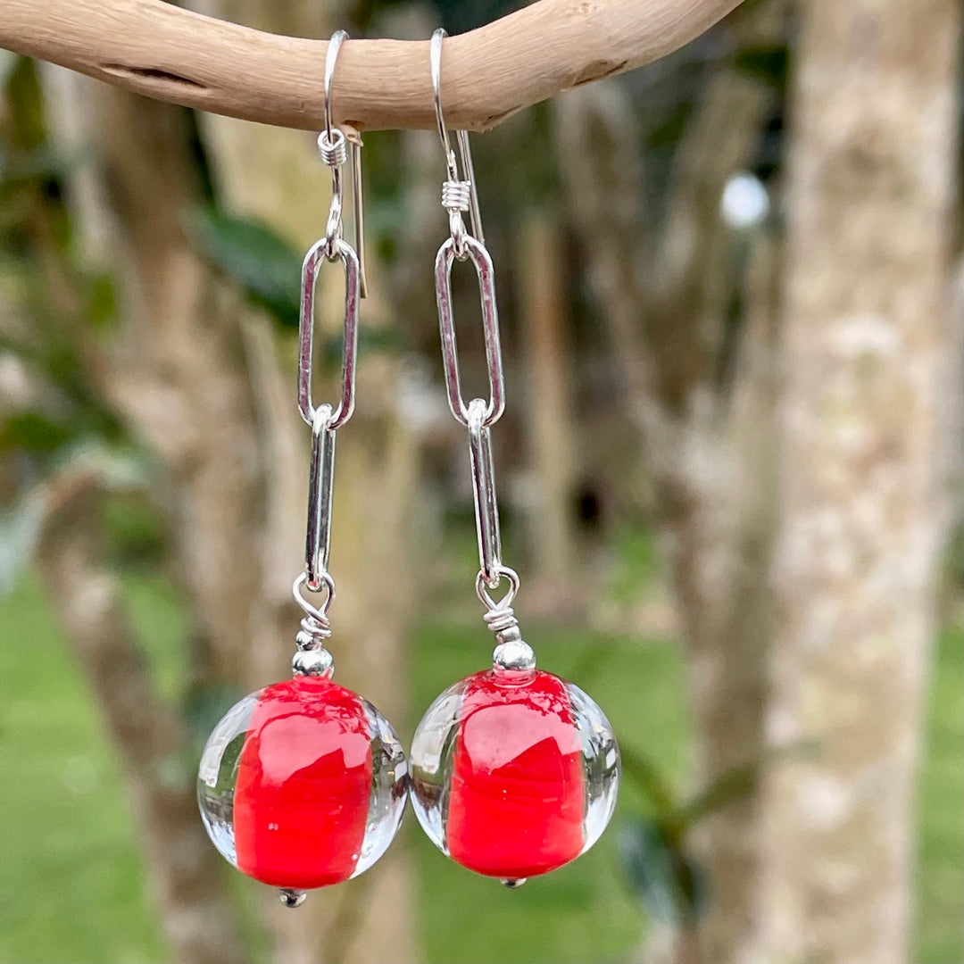 Red two colour Venetian glass earrings