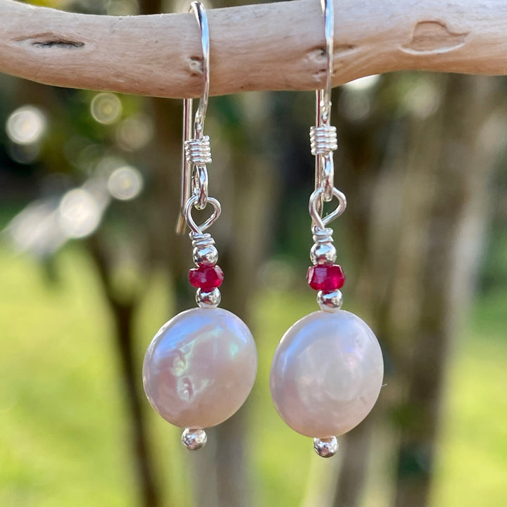 Freshwater pearl and tiny ruby earrings