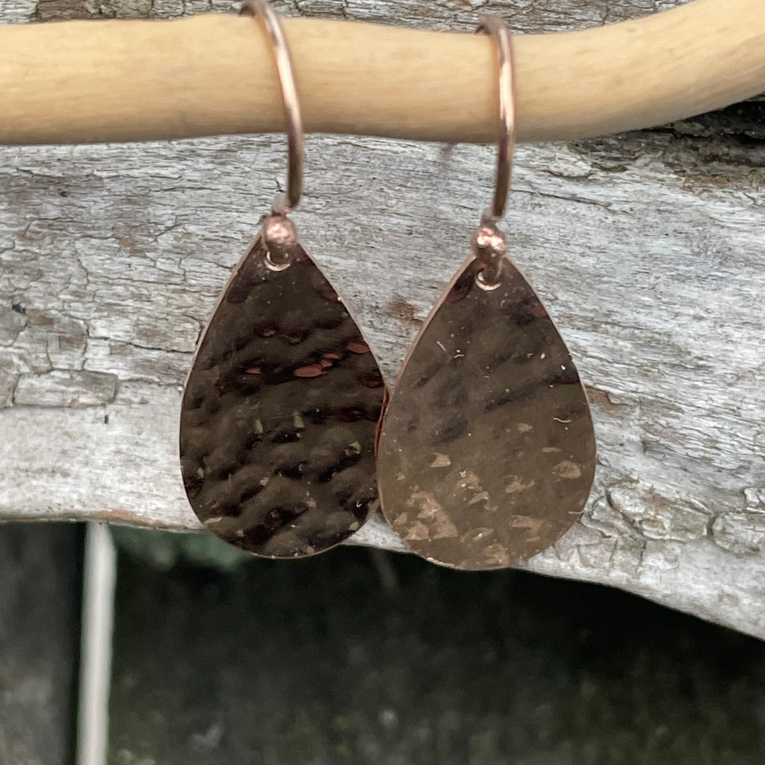 9ct beaten rose gold drop earrings