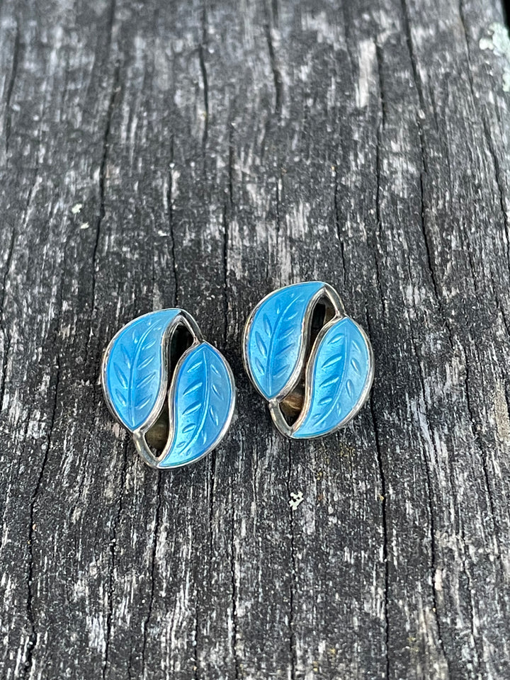 Vintage Enamel Leaf Clip-On Earrings, Light Turquoise Blue, David Andersen