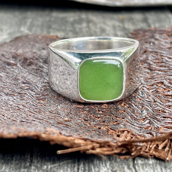New Zealand Greenstone and Sterling Silver Signet Ring