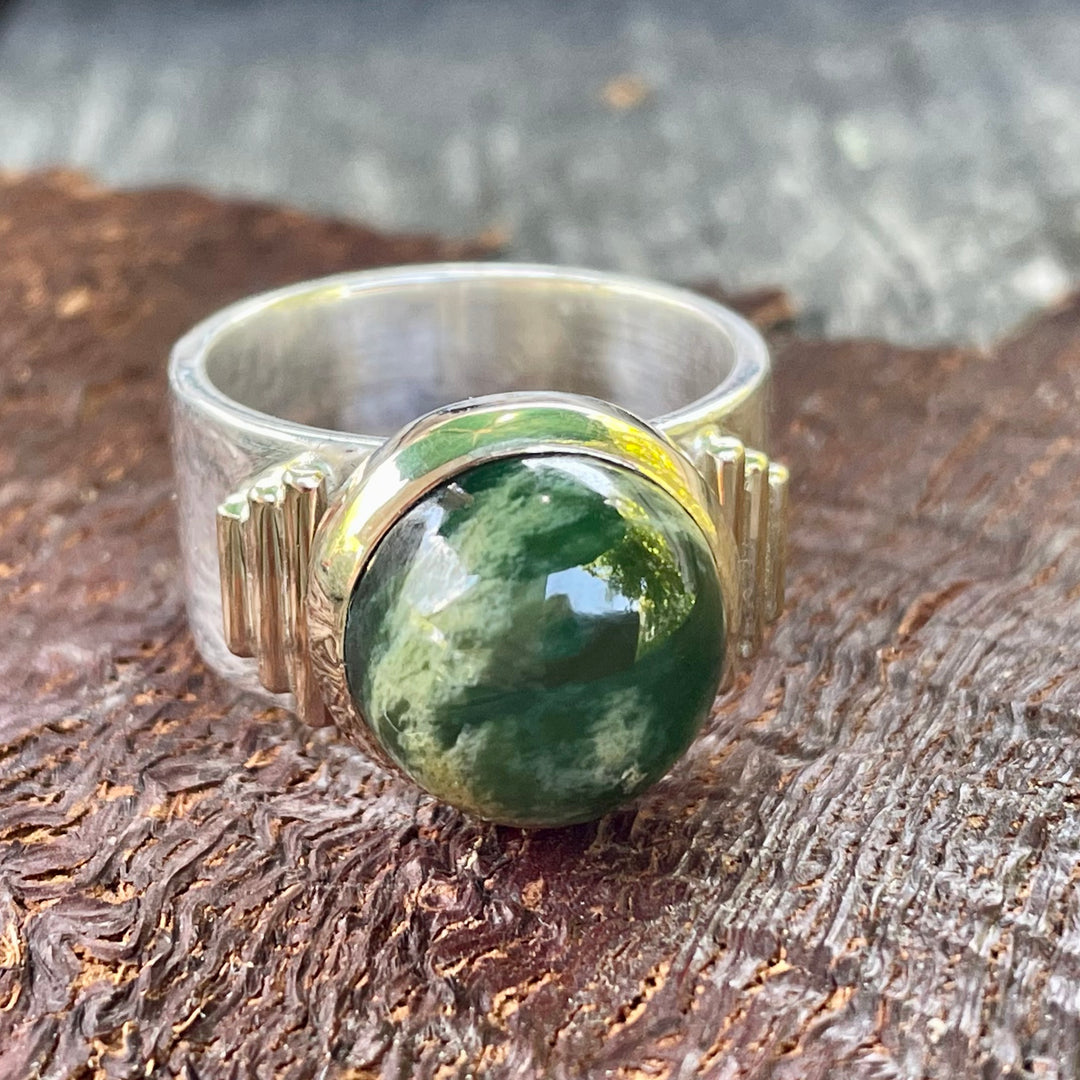 New Zealand Greenstone New Horizons Ring, Sterling Silver with Gold