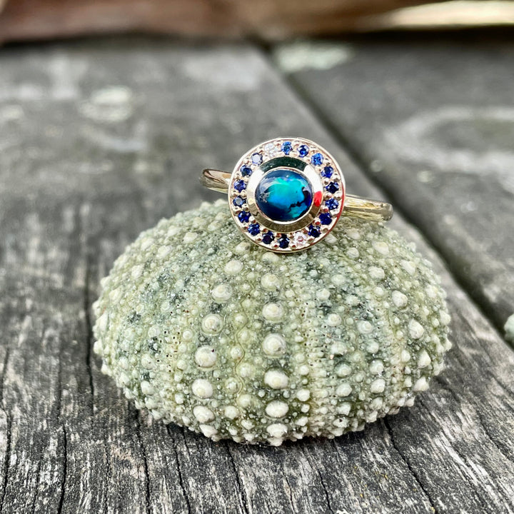 9ct Gold, Opal, Sapphire, and Diamond Halo Ring