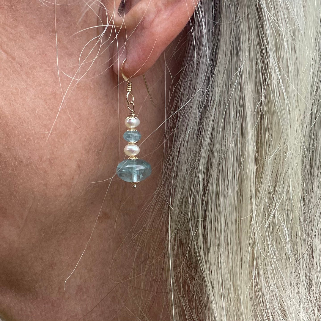 Aquamarine rondels and freshwater pearl earrings