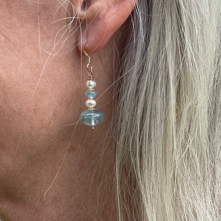 Aquamarine rondels and freshwater pearl earrings