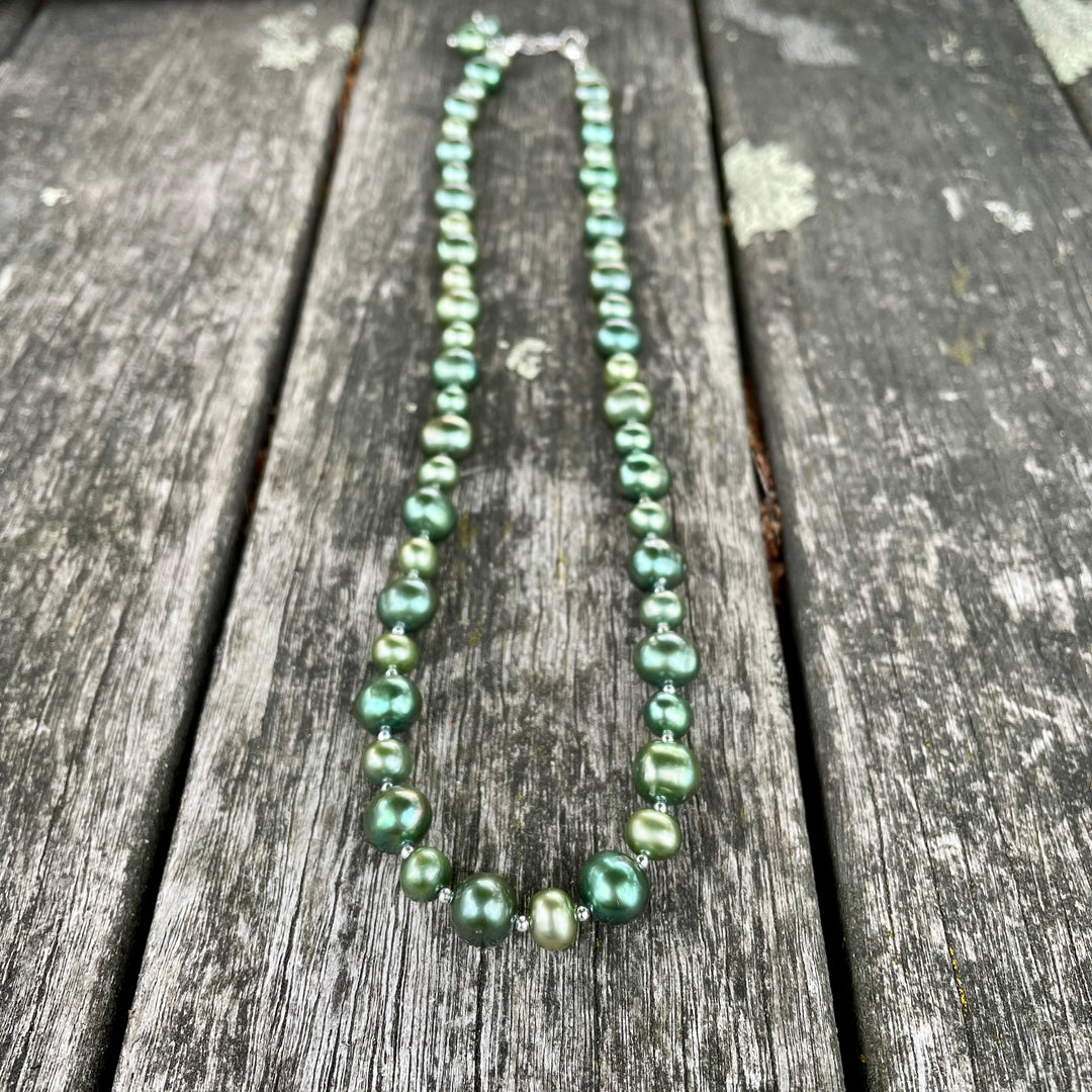 Gorgeous bright but dark green freshwater pearl necklace