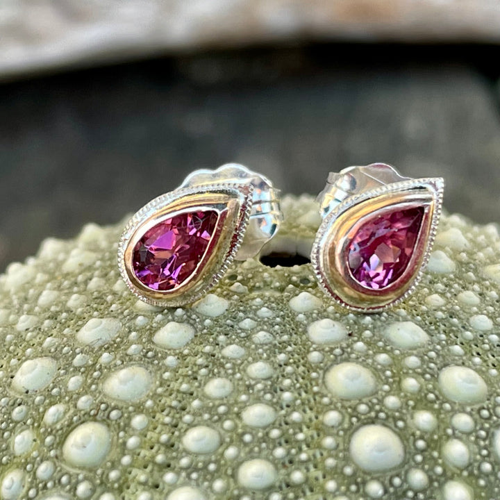 9ct Gold and Sterling Silver Brazilian Pink Tourmaline Stud Earrings