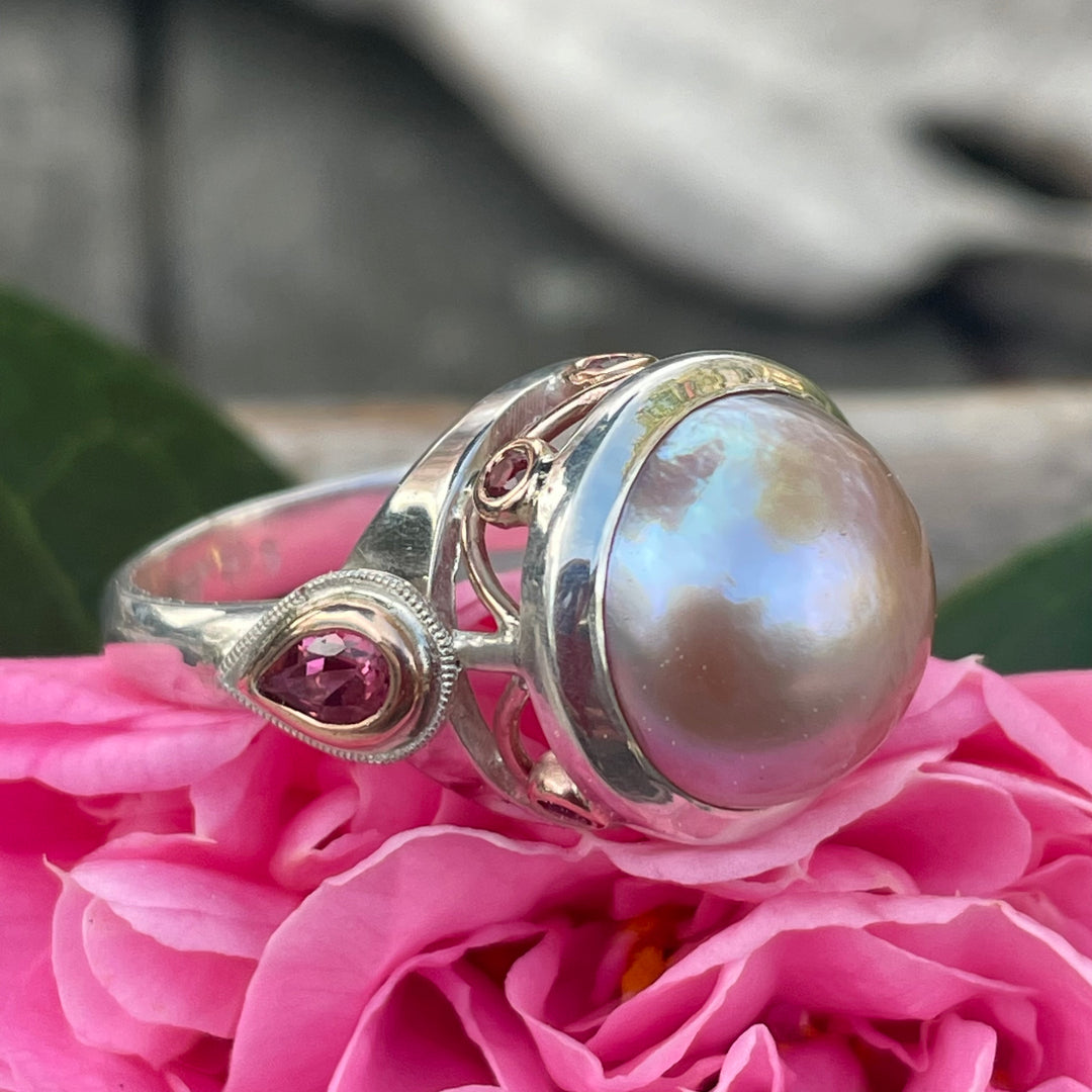 Natural Pink Freshwater Pearl and Pink Tourmaline Ring with 9ct Gold