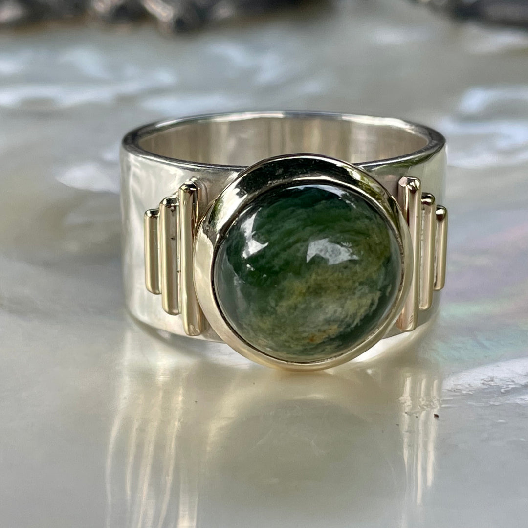New Zealand Greenstone New Horizons Ring, Sterling Silver with Gold
